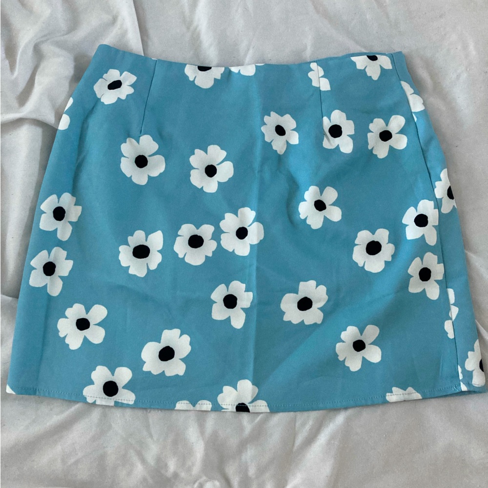 Blue retro mini skirt with flowers 60s 70s